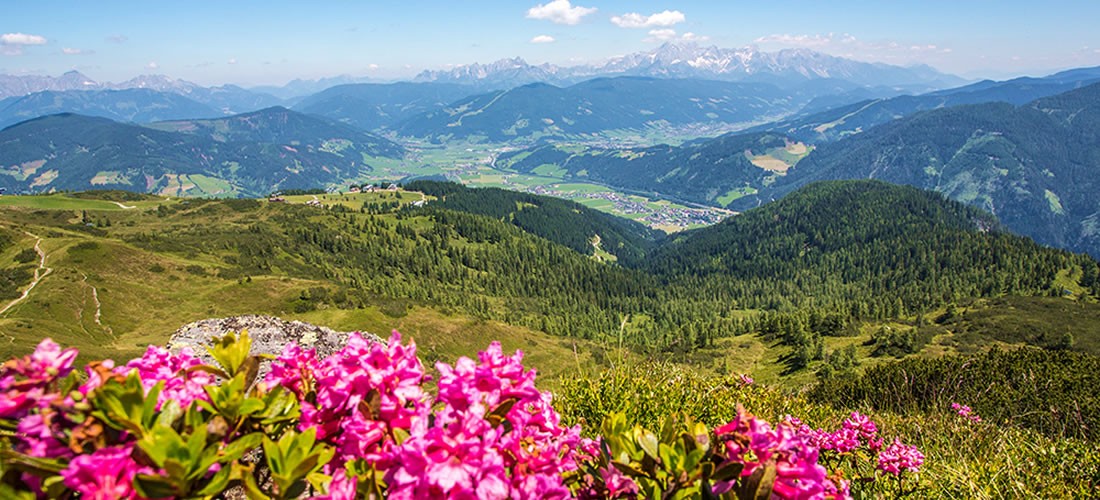Blick von den Bergen über Flachau im Salzburger Land